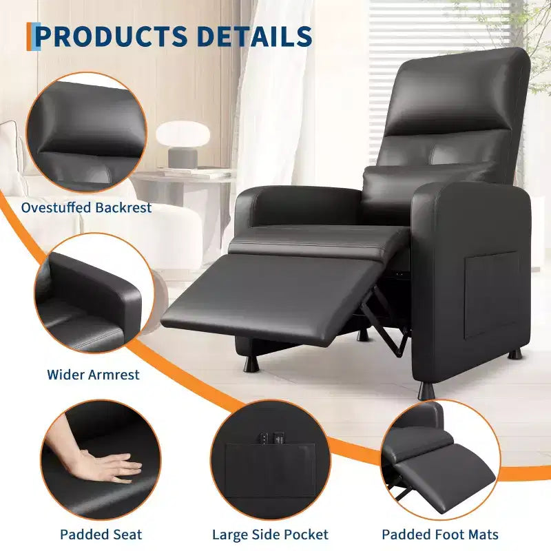 Poltrona reclinabile, reclinabile regolabile ergonomica imbottita, schienale alto, seduta imbottita, 2 tasche laterali, seduta home theater per soggiorno