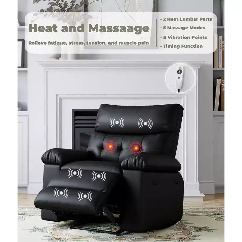Poltrona reclinabile manuale oversize, poltrona relax grande in pelle PU per adulti con imbottitura in spugna 1,5X, funzioni di riscaldamento e massaggio - Nera