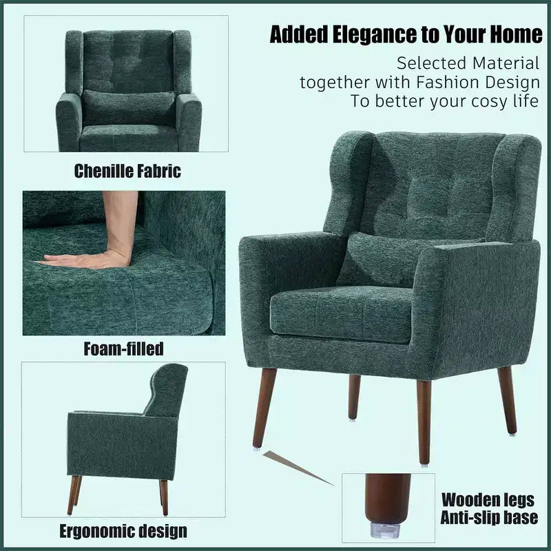 Moderna Poltrona Accent in ciniglia, schienale alto capitonné, cuscino in schiuma, sedia lounge imbottita per camera da letto o soggiorno