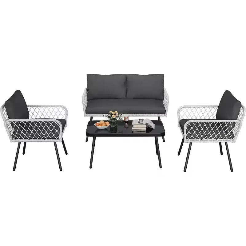 Patio Furniture Set, Outdoor All-Weather Wicker Furniture with Coffee Table, Patio Conversation Sets with Cushions for Balcony, Garden, (4-Piece)