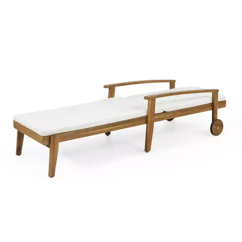 Sdraio da esterno in legno con schienale regolabile in 5 posizioni, lettino da piscina con ruote e cuscino resistente all'acqua per giardino e bordo piscina