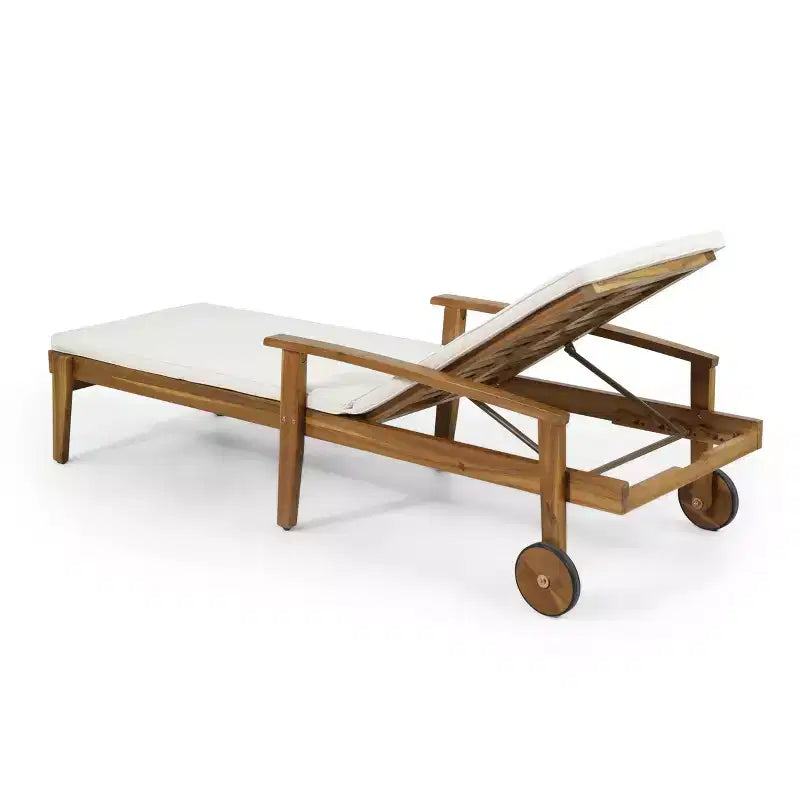 Sdraio da esterno in legno con schienale regolabile in 5 posizioni, lettino da piscina con ruote e cuscino resistente all'acqua per giardino e bordo piscina