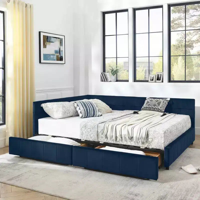 Letto Imbottito con Contenitore Queen Size, Capitonnè con Schienale e Braccioli per Camera da Letto Blu