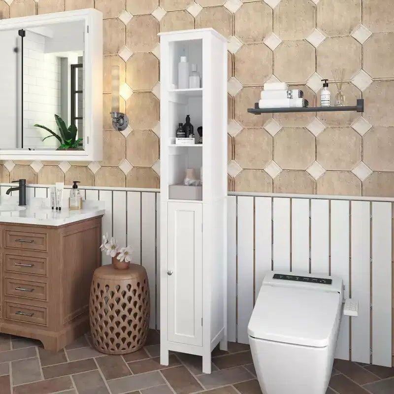 66,92 Mobiletto alto per bagno con ripiani regolabili, armadietto sottile a 1 anta da pavimento con sistema antiribaltamento, scomparti aperti, per piccoli spazi domestici