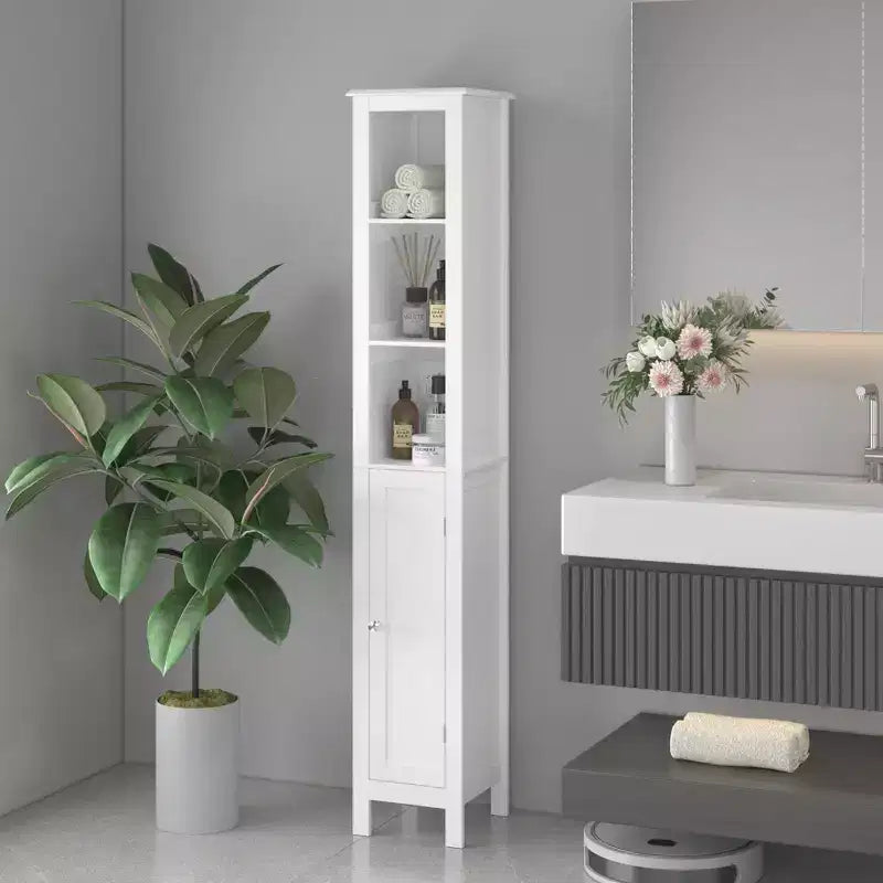 66,92 Mobiletto alto per bagno con ripiani regolabili, armadietto sottile a 1 anta da pavimento con sistema antiribaltamento, scomparti aperti, per piccoli spazi domestici