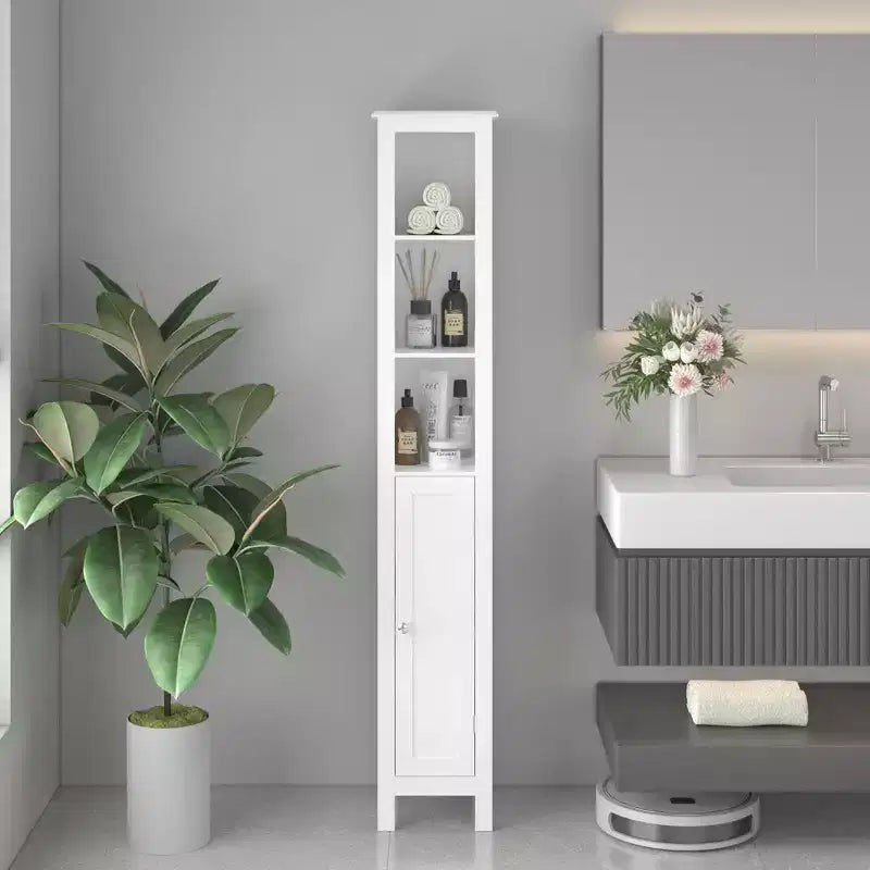 66,92 Mobiletto alto per bagno con ripiani regolabili, armadietto sottile a 1 anta da pavimento con sistema antiribaltamento, scomparti aperti, per piccoli spazi domestici