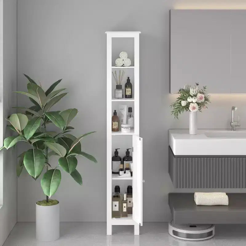 66,92 Mobiletto alto per bagno con ripiani regolabili, armadietto sottile a 1 anta da pavimento con sistema antiribaltamento, scomparti aperti, per piccoli spazi domestici
