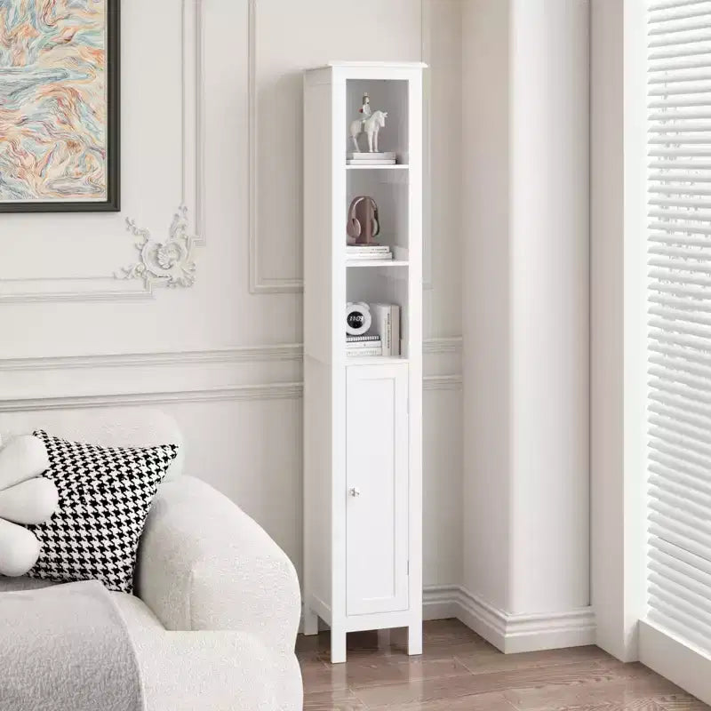66,92 Mobiletto alto per bagno con ripiani regolabili, armadietto sottile a 1 anta da pavimento con sistema antiribaltamento, scomparti aperti, per piccoli spazi domestici
