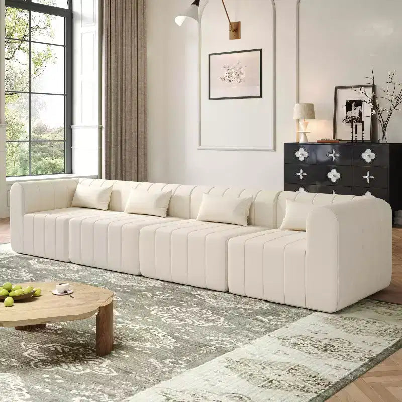 Divano componibile modulare da 145,5 pollici in poliestere beige, divano in spugna compressa da 4 pezzi per soggiorno