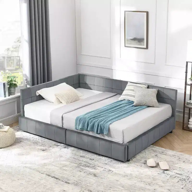 Letto imbottito con contenitore a grandezza naturale con testiera e braccioli per camera da letto e soggiorno, grigio scuro