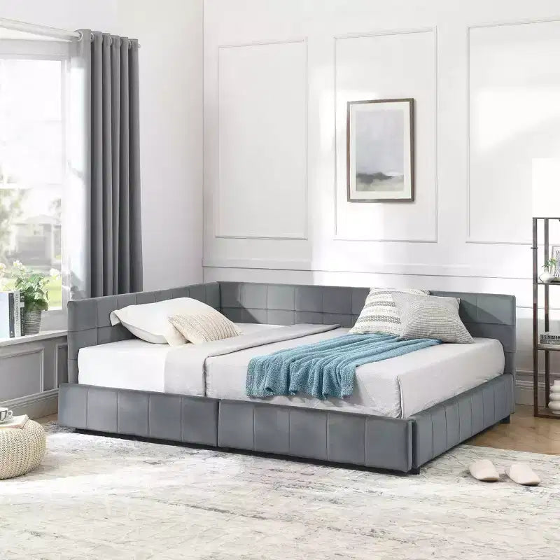 Letto imbottito con contenitore a grandezza naturale con testiera e braccioli per camera da letto e soggiorno, grigio scuro