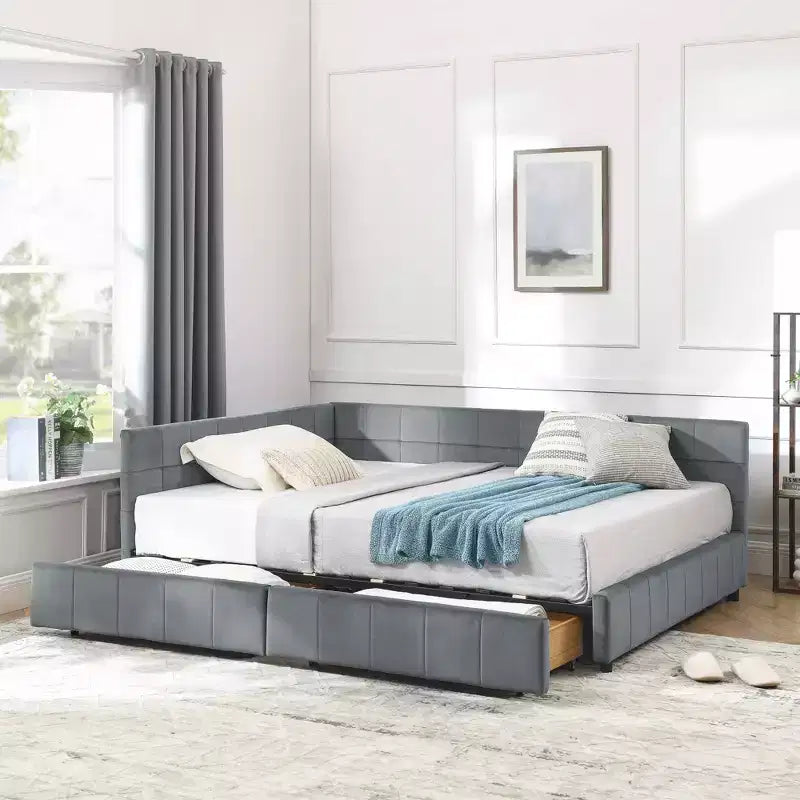 Letto imbottito con contenitore a grandezza naturale con testiera e braccioli per camera da letto e soggiorno, grigio scuro