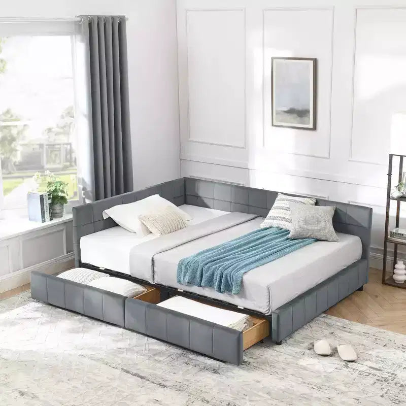 Letto imbottito con contenitore a grandezza naturale con testiera e braccioli per camera da letto e soggiorno, grigio scuro