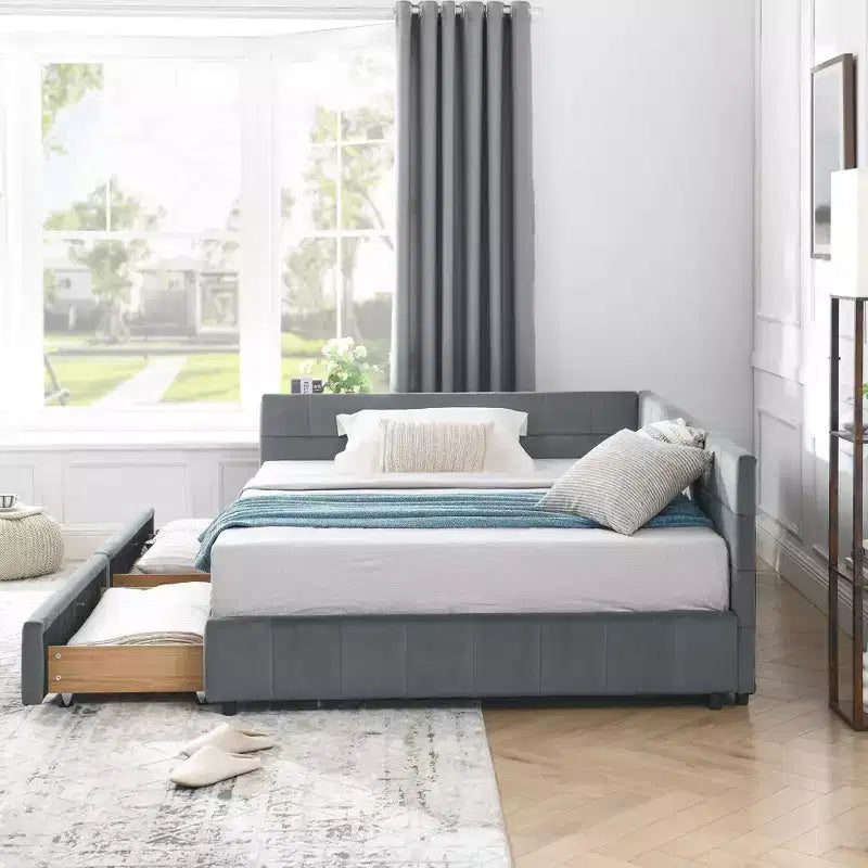 Letto imbottito con contenitore a grandezza naturale con testiera e braccioli per camera da letto e soggiorno, grigio scuro