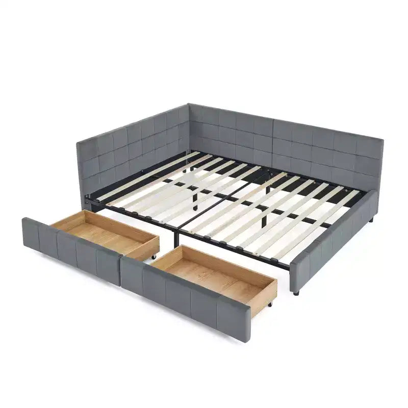 Letto imbottito con contenitore a grandezza naturale con testiera e braccioli per camera da letto e soggiorno, grigio scuro