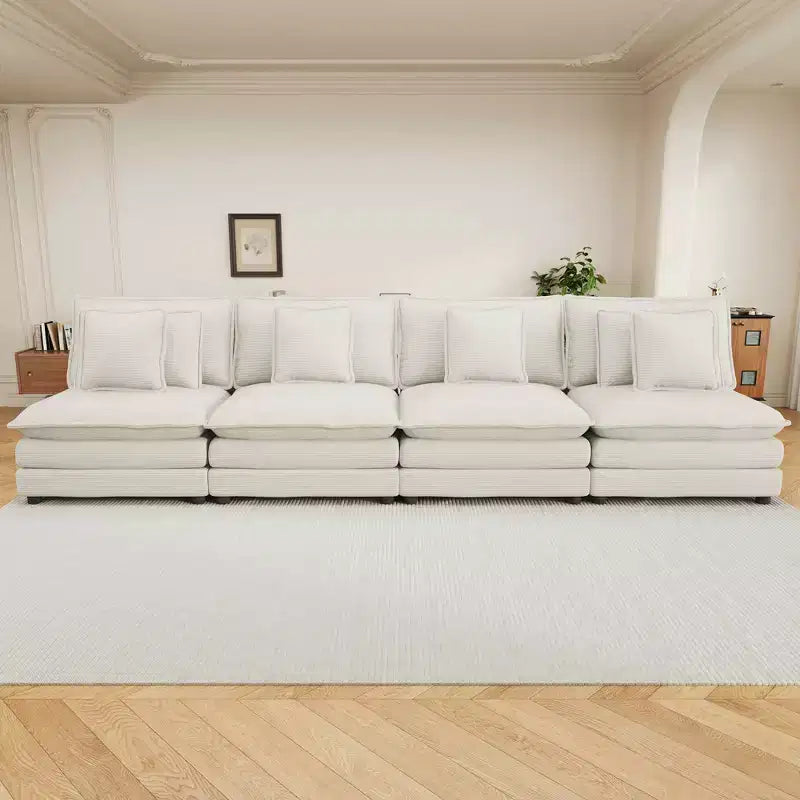 141.6 Divano modulare moderno, imbottito in velluto a coste, con quattro cuscini, per soggiorno, colore beige