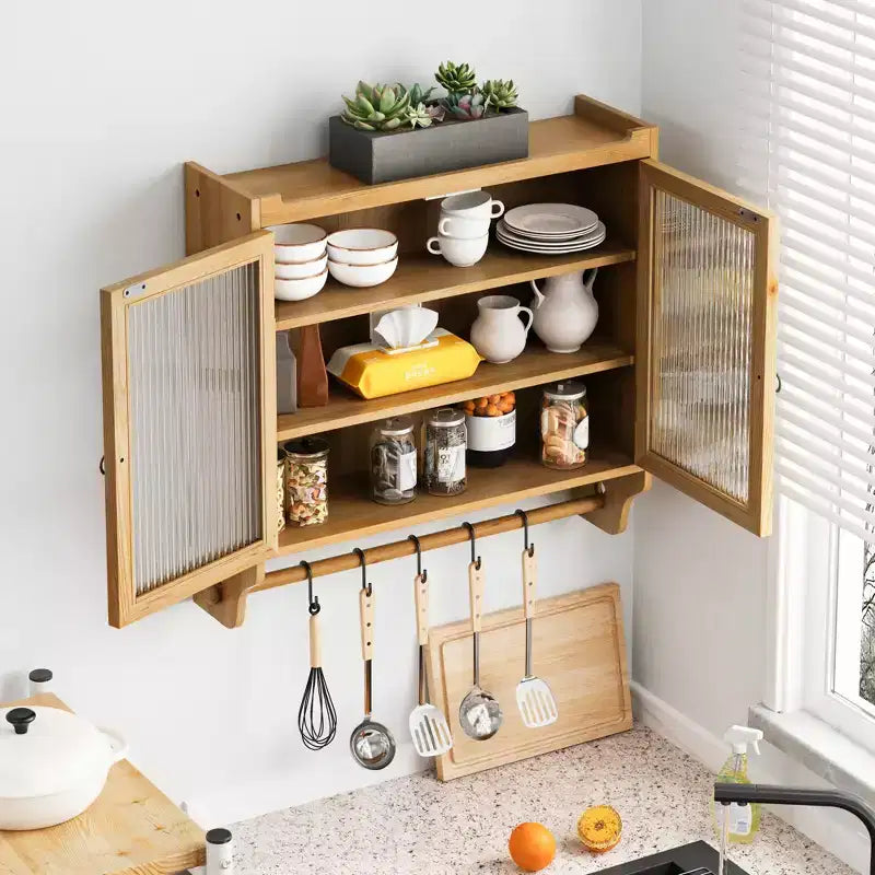 Pensile vintage a doppia anta in vetro da 24,8'' con tre ripiani e portasciugamani, per bagno, cucina, sala da pranzo, naturale