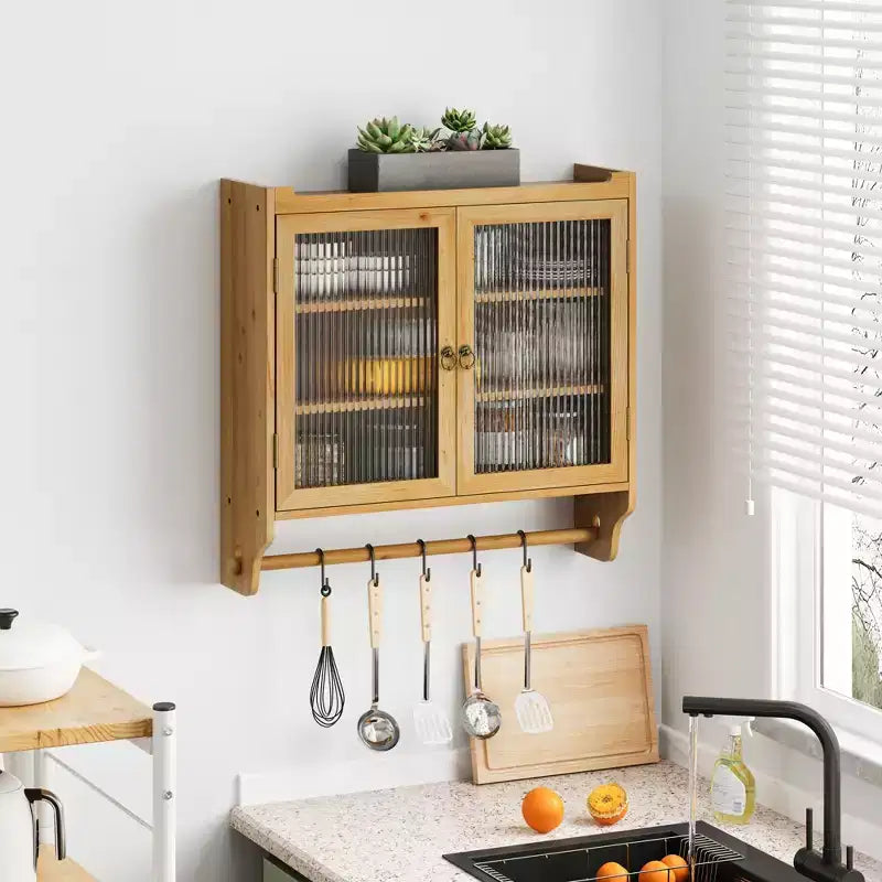 Pensile vintage a doppia anta in vetro da 24,8'' con tre ripiani e portasciugamani, per bagno, cucina, sala da pranzo, naturale