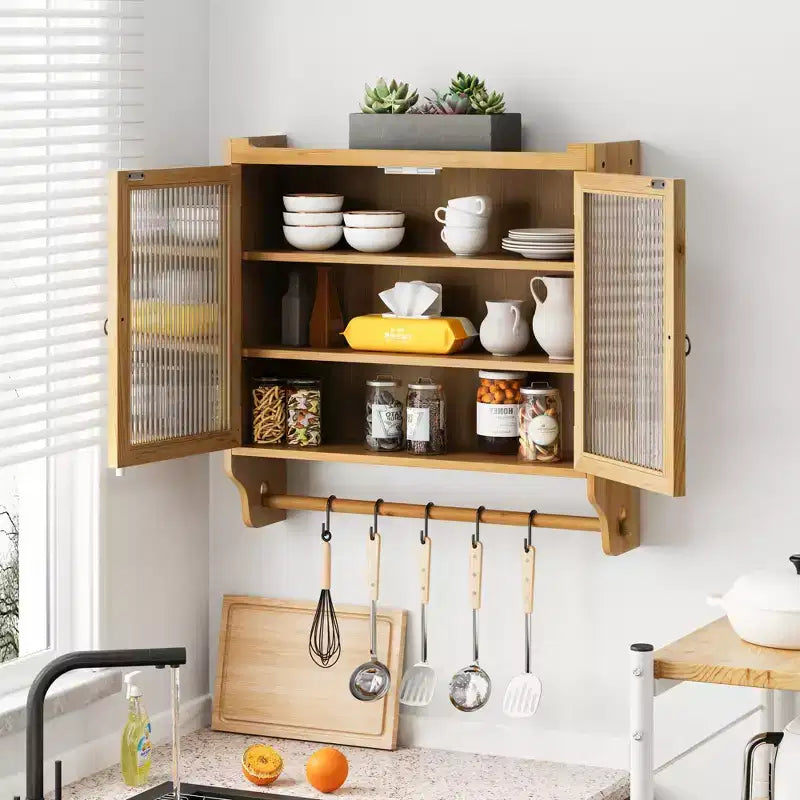 Pensile vintage a doppia anta in vetro da 24,8'' con tre ripiani e portasciugamani, per bagno, cucina, sala da pranzo, naturale