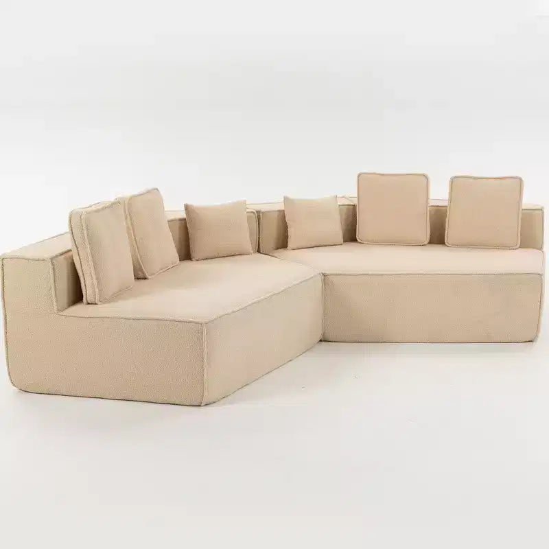 Divano componibile in tessuto orsetto oversize da 335 cm, divano moderno completamente imbottito con sei cuscini