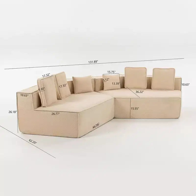 Divano componibile in tessuto orsetto oversize da 335 cm, divano moderno completamente imbottito con sei cuscini