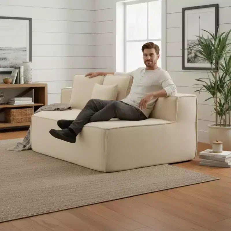 Divano componibile in tessuto orsetto oversize da 335 cm, divano moderno completamente imbottito con sei cuscini