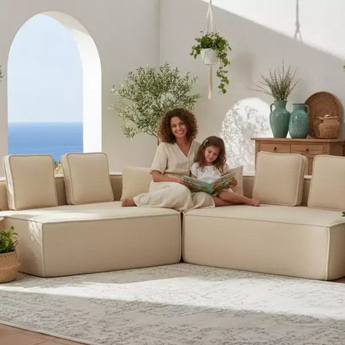 Divano componibile in tessuto orsetto oversize da 335 cm, divano moderno completamente imbottito con sei cuscini