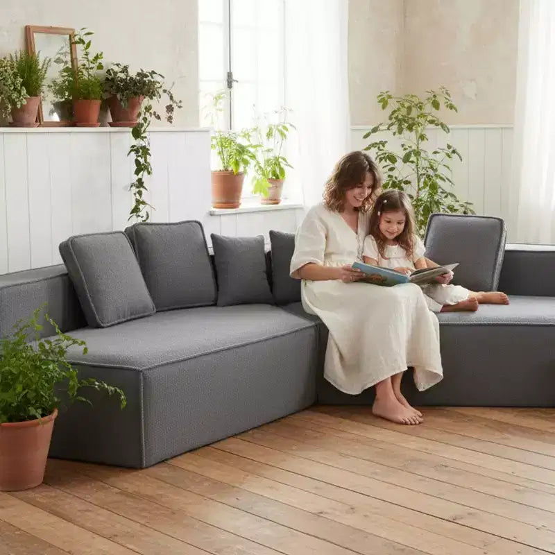 Divano componibile in tessuto orsetto oversize da 335 cm, divano moderno completamente imbottito con sei cuscini