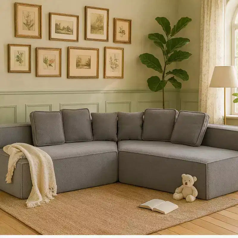 Divano componibile in tessuto orsetto oversize da 335 cm, divano moderno completamente imbottito con sei cuscini