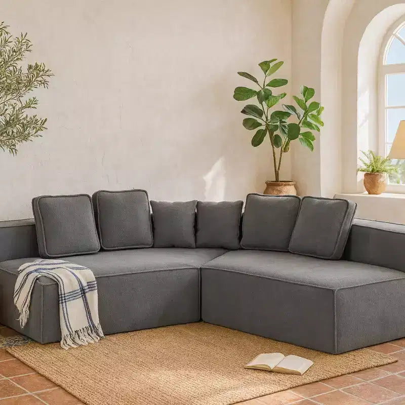 Divano componibile in tessuto orsetto oversize da 335 cm, divano moderno completamente imbottito con sei cuscini