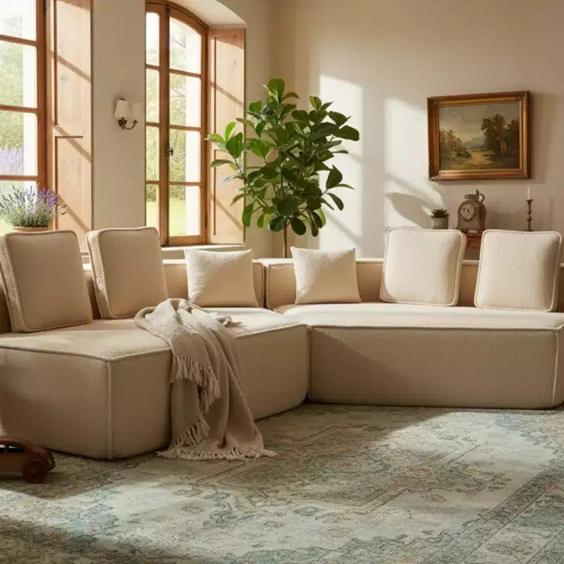 Divano componibile in tessuto orsetto oversize da 335 cm, divano moderno completamente imbottito con sei cuscini