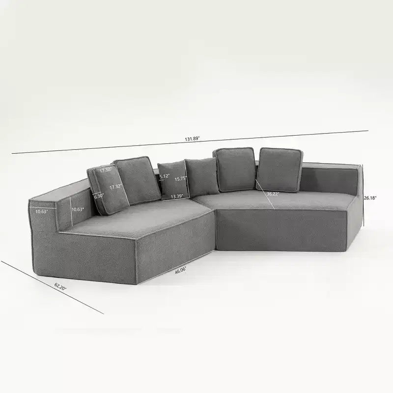 Divano componibile in tessuto orsetto oversize da 335 cm, divano moderno completamente imbottito con sei cuscini