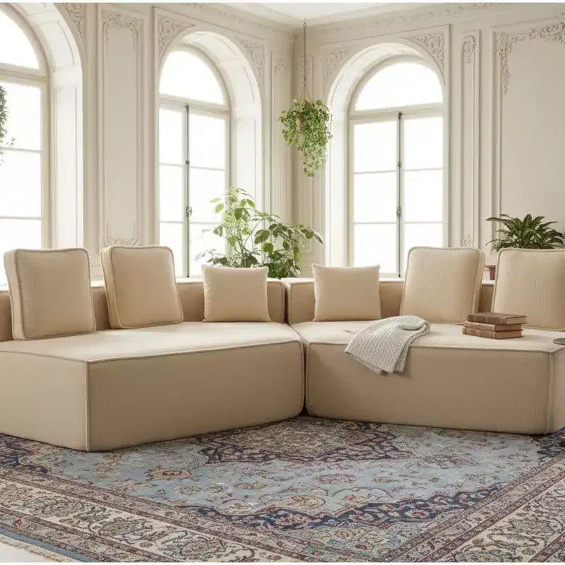 Divano componibile in tessuto orsetto oversize da 335 cm, divano moderno completamente imbottito con sei cuscini