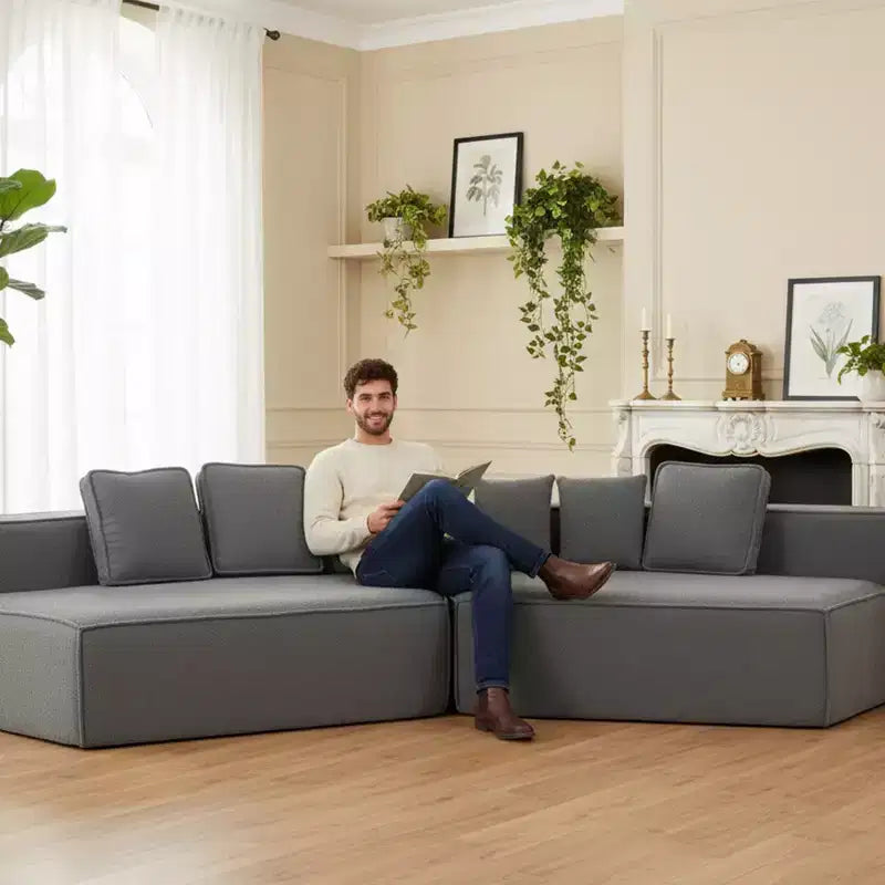 Divano componibile in tessuto orsetto oversize da 335 cm, divano moderno completamente imbottito con sei cuscini
