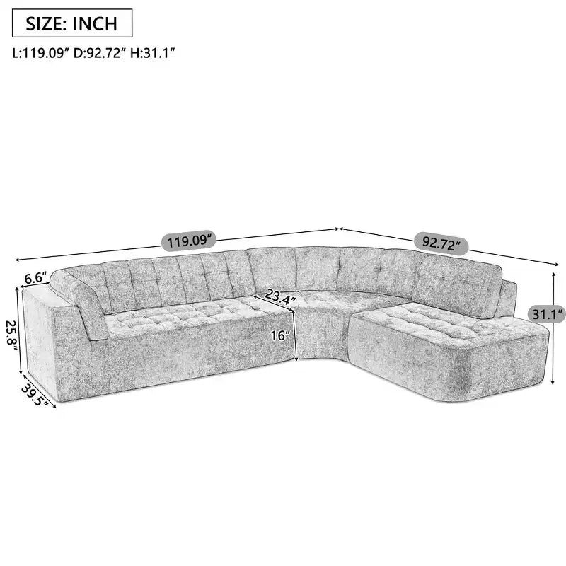 Divano sezionale moderno a L da 119'', divano angolare curvo a destra in stile minimalista con braccioli, design trapuntato, nessun montaggio richiesto