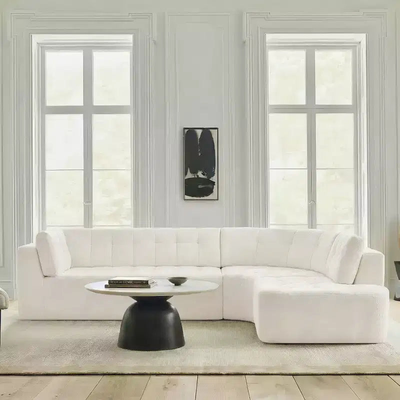 Divano sezionale moderno a L da 119'', divano angolare curvo a destra in stile minimalista con braccioli, design trapuntato, nessun montaggio richiesto