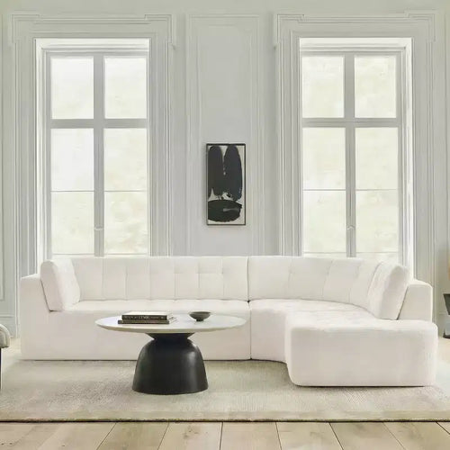 Divano sezionale moderno a L da 119'', divano angolare curvo a destra in stile minimalista con braccioli, design trapuntato, nessun montaggio richiesto