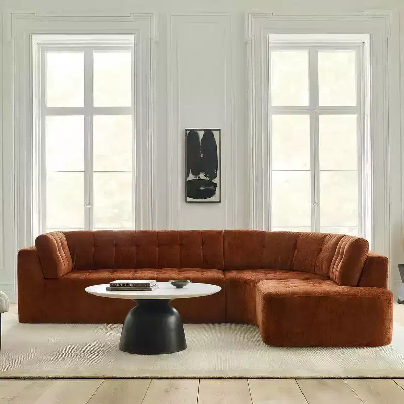 Divano sezionale moderno a L da 119'', divano angolare curvo a destra in stile minimalista con braccioli, design trapuntato, nessun montaggio richiesto