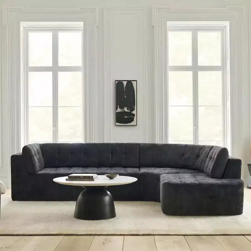 Divano sezionale moderno a L da 119'', divano angolare curvo a destra in stile minimalista con braccioli, design trapuntato, nessun montaggio richiesto