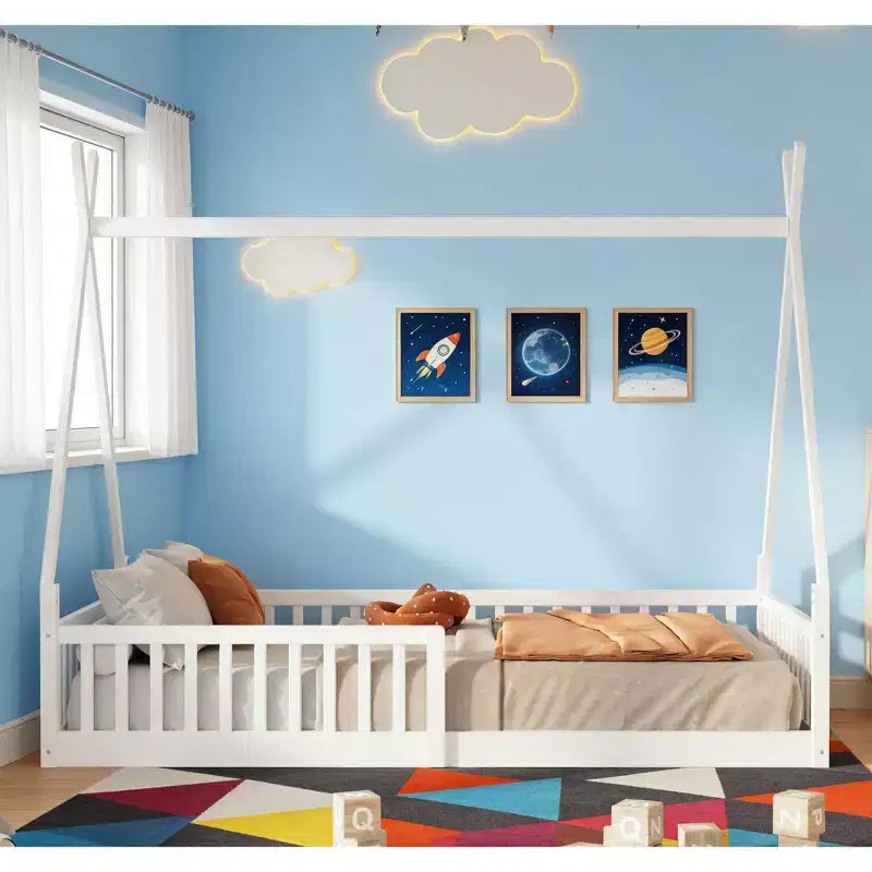 Struttura Letto a Tenda Singolo con Sponde di Protezione, Letto a Casetta in Legno per Sala Giochi e Camera da Letto.