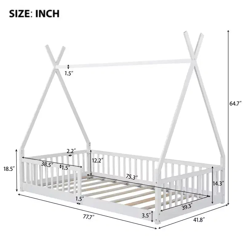 Struttura Letto a Tenda Singolo con Sponde di Protezione, Letto a Casetta in Legno per Sala Giochi e Camera da Letto.