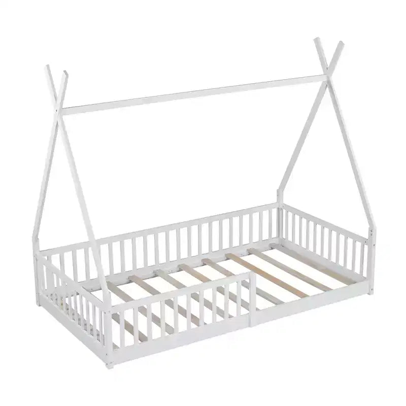 Struttura Letto a Tenda Singolo con Sponde di Protezione, Letto a Casetta in Legno per Sala Giochi e Camera da Letto.
