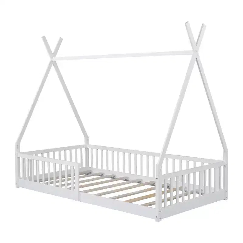 Struttura Letto a Tenda Singolo con Sponde di Protezione, Letto a Casetta in Legno per Sala Giochi e Camera da Letto.