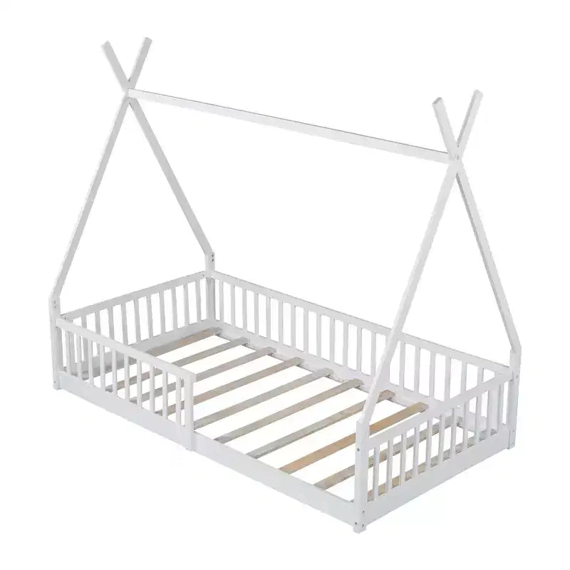 Struttura Letto a Tenda Singolo con Sponde di Protezione, Letto a Casetta in Legno per Sala Giochi e Camera da Letto.