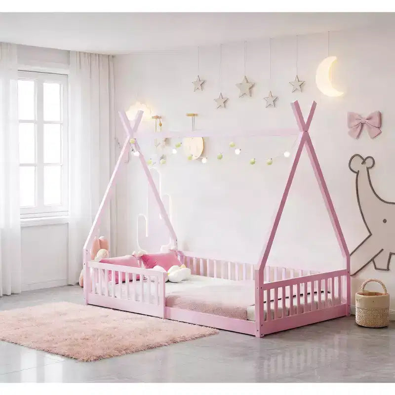 Struttura Letto a Tenda Singolo con Sponde di Protezione, Letto a Casetta in Legno per Sala Giochi e Camera da Letto.