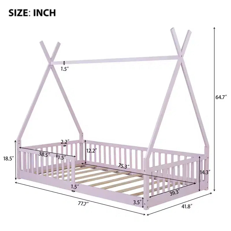 Struttura Letto a Tenda Singolo con Sponde di Protezione, Letto a Casetta in Legno per Sala Giochi e Camera da Letto.