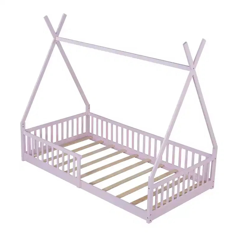 Struttura Letto a Tenda Singolo con Sponde di Protezione, Letto a Casetta in Legno per Sala Giochi e Camera da Letto.