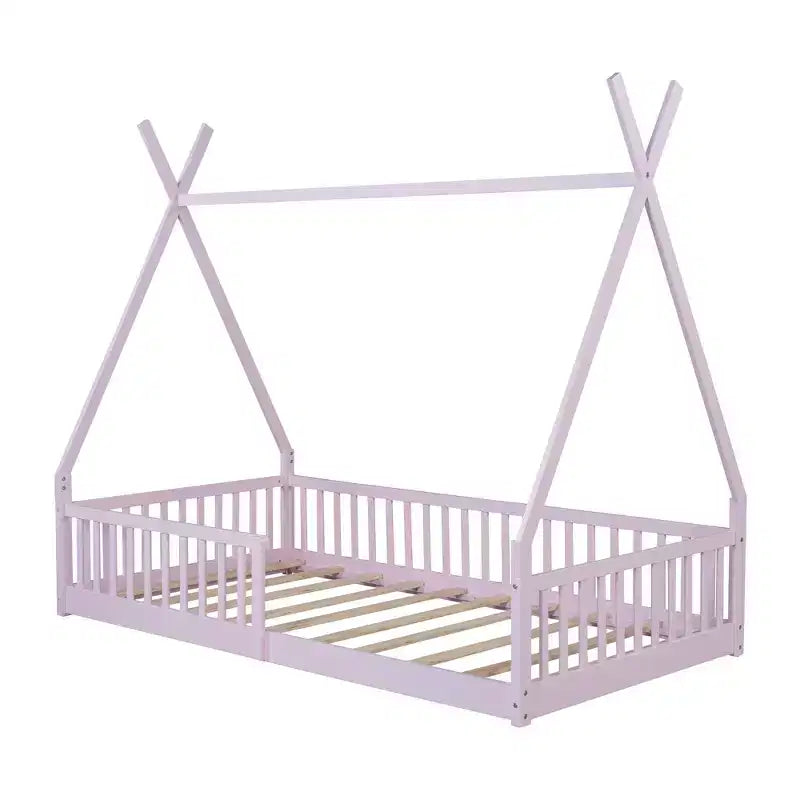 Struttura Letto a Tenda Singolo con Sponde di Protezione, Letto a Casetta in Legno per Sala Giochi e Camera da Letto.