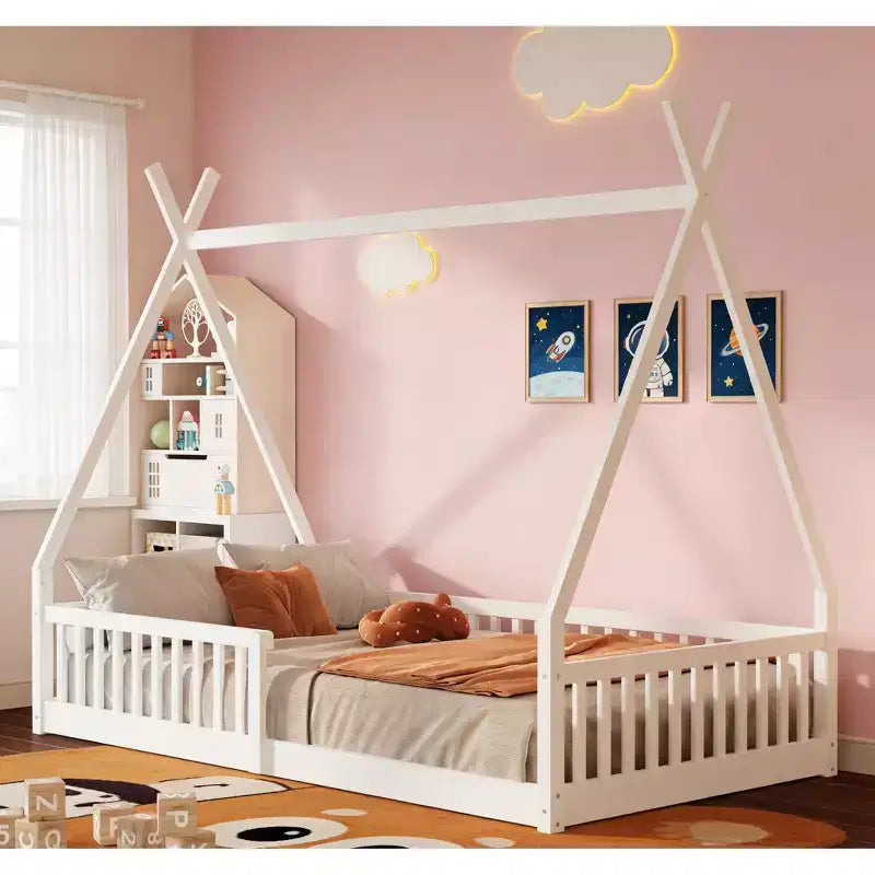 Struttura Letto a Tenda Singolo con Sponde di Protezione, Letto a Casetta in Legno per Sala Giochi e Camera da Letto.