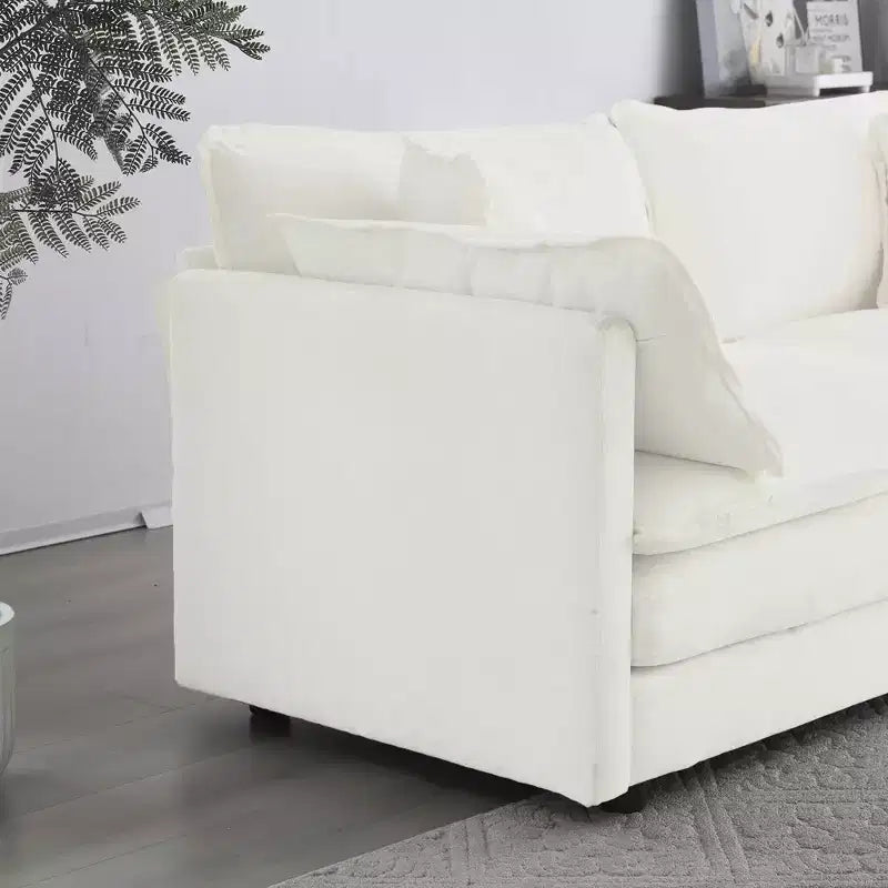 Divano a Due Posti in Ciniglia con Pouf Ottomano Sezionale a L per Piccolo Soggiorno Bianco